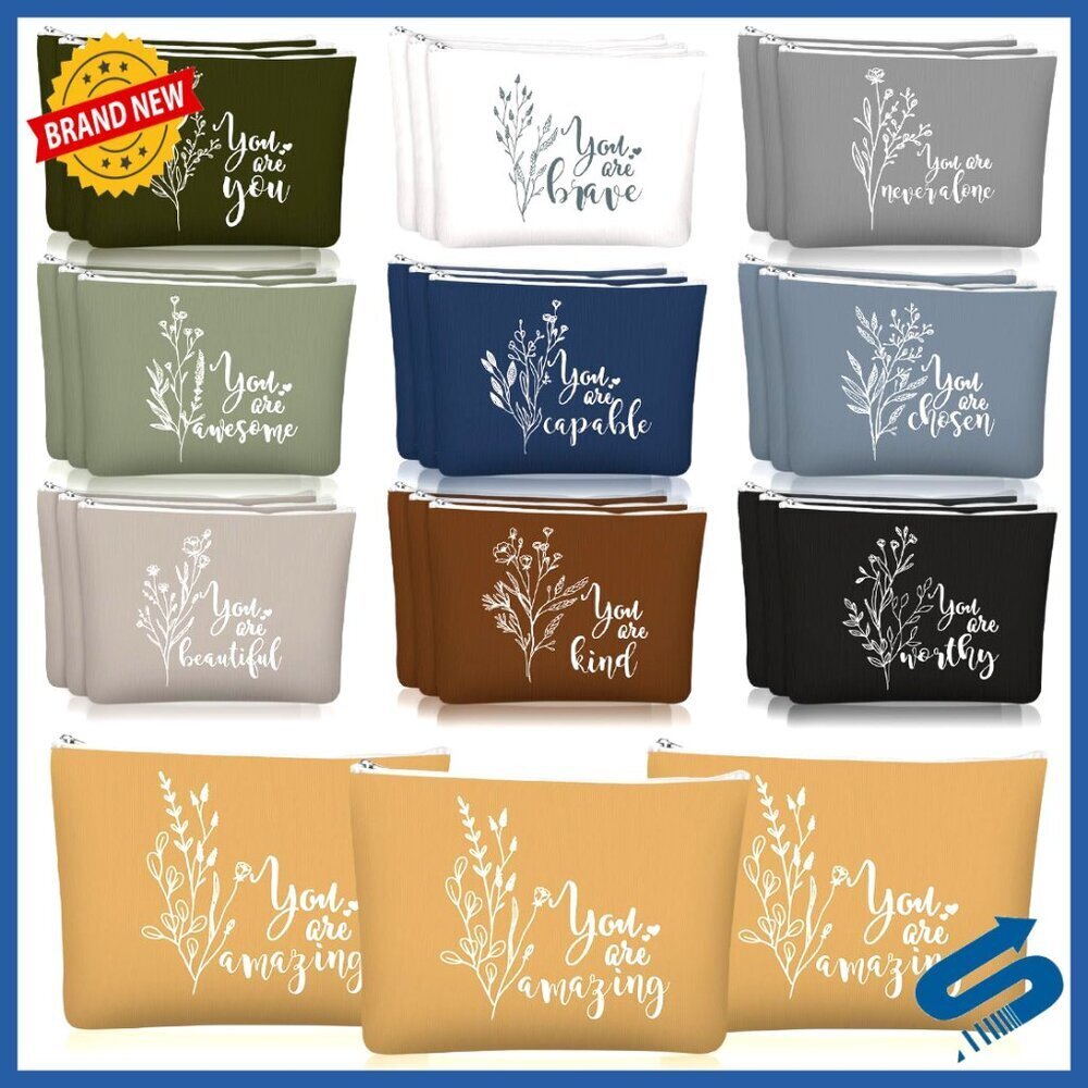 Boho Canvas Cosmetic Bags with Inspirational Quotes Zipper Pouch Set